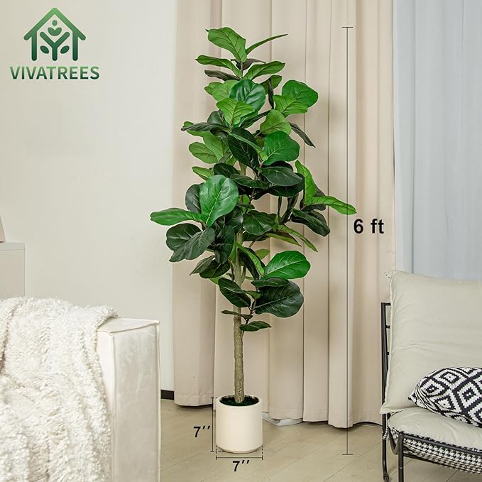6FT Fiddle Leaf Fig Artificial Tree with White Planter Pot,Faux Floor Plant, Indoor and Outdoor Fake Plants for Home Office Decor