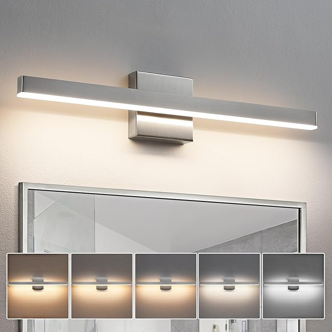 KAISITE 모던 욕실 조명 - 브러시드 니켈 화장대 조명 기구 오버 미러, 61cm(24인치) 조도 조절 가능한 5CCT LED 바 조명