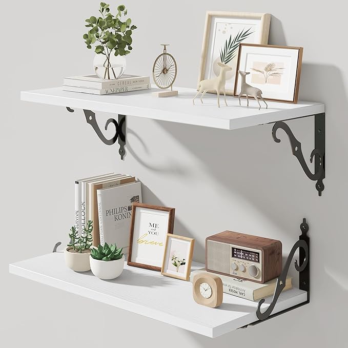 Floating Shelves for Wall, 24"W x 8"D Wall Shelves, 12 Inch Deep Floating Shelf with Bracket, 24 Inch Floating Shelves for Living Room and Bathroom, Display & Storage Shelves, White, Set of 2