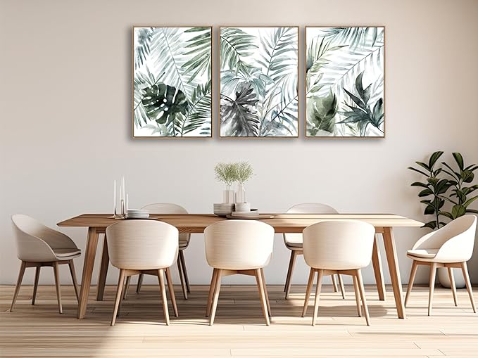 Large Framed Canvas Wall Art - Natural Float Framed Tropic Leaf Pictures Wall Art Prints for Living Room Decor Green Plants Artwork for Bedroom Kitchen Home Office Decoration 60" X 28" Set of 3