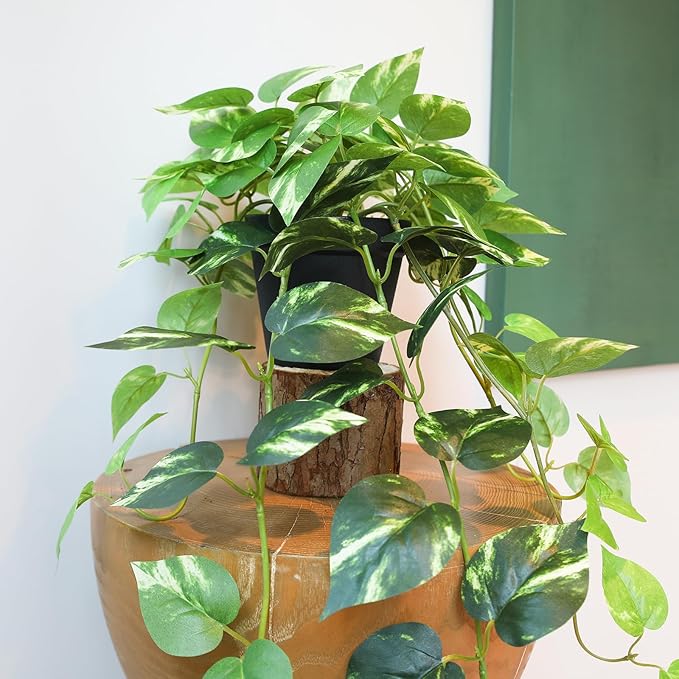 Fake Pothos Hanging Plants - Set of 2 Artificial Silk Ivy Vines with Pots, Realistic Faux Greenery for Indoor Home Decor, Low Maintenance Hanging Plant Decoration (Golden Green)