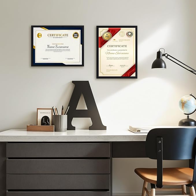 Giftgarden Black 8.5x11 Picture Frame Set of 4, Matted to 6x8 Picture or 8.5 x 11 Inch Certificate Award Document Without Mat, Wall and Tabletop Display