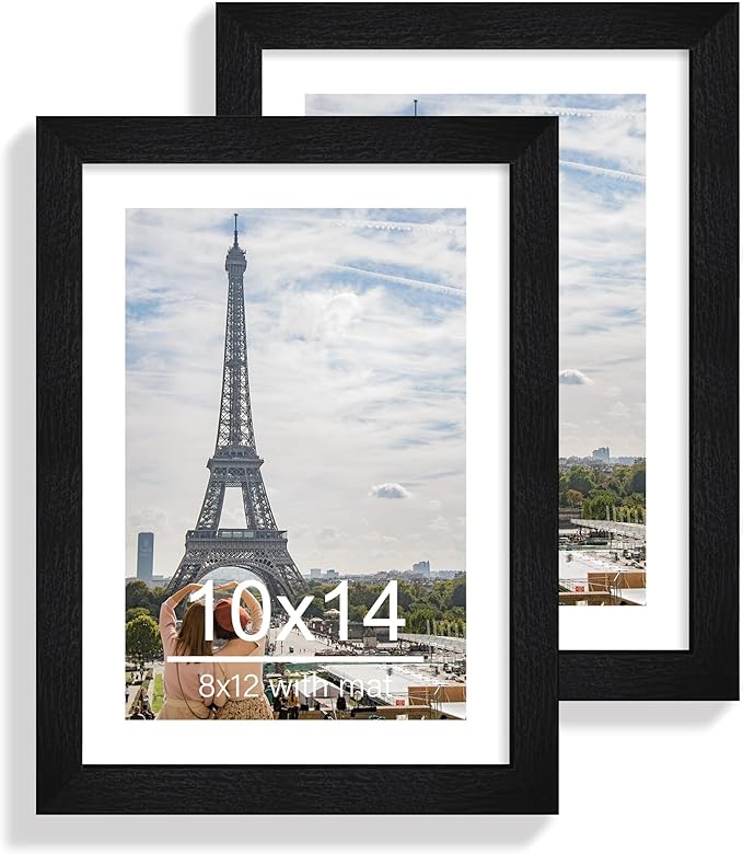 10x14 Picture Frame Set of 2, Made of Glass and Rustic Black Wooden Frame, Display 8x12 Pictures with Mat or 30 x 40cm Diamond Painting Art without Mat for Wall Mounting, Gallery Photo Frames