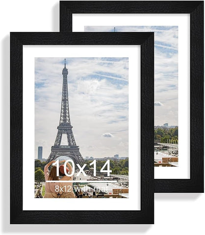 10x14 Picture Frame Set of 2, Made of Glass and Rustic Black Wooden Frame, Display 8x12 Pictures with Mat or 30 x 40cm Diamond Painting Art without Mat for Wall Mounting, Gallery Photo Frames