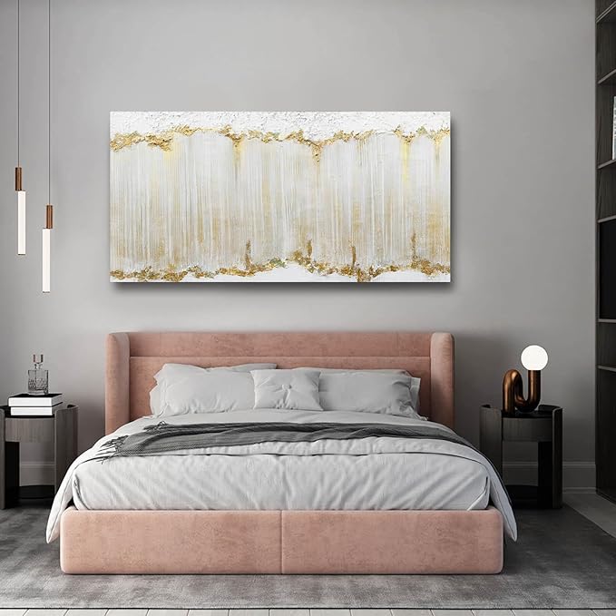 Home Decor White Abstract Wall Decor Large Framed Canvas Wall Art for Living Room Gold Painting White Wave Contemporary Art for Bedroom 29x58 Inch