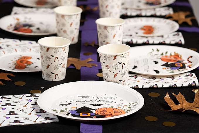 Halloween Fun Tableware Pack: Disposable Paper Plates, Napkins and Cups Set for 20