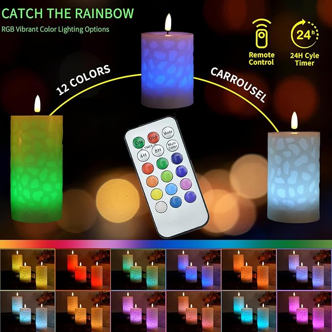 NICEME 3PCS LED Multi Colored Flameless Candles Pillar Battery Operated Flickering 3D Wick Flame Color Changing Candles with Remote Control Carving Real Wax Electric Fake Candles, D3” x H4” 5" 6"