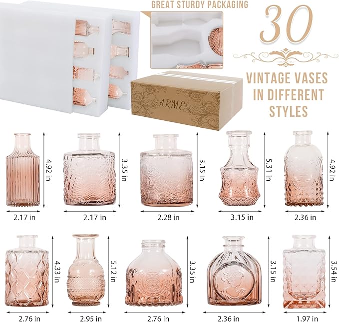 Arme Glass Bud Vase Set,30Pcs Small Glass Vase for Flowers, Clear Bud Vase in Bulk，Mini Single Vintage Vase for Centerpiece，Vases Bulk for Rustic Wedding Decor，Home Table Flower Décor(Amber)