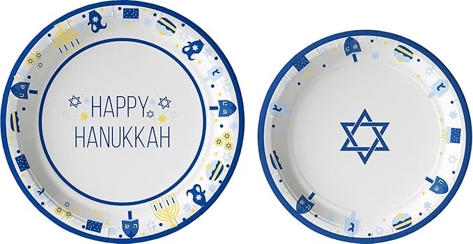 Happy Hanukkah Tableware Pack: Disposable Paper Plates, Napkins and Cups Set for 20