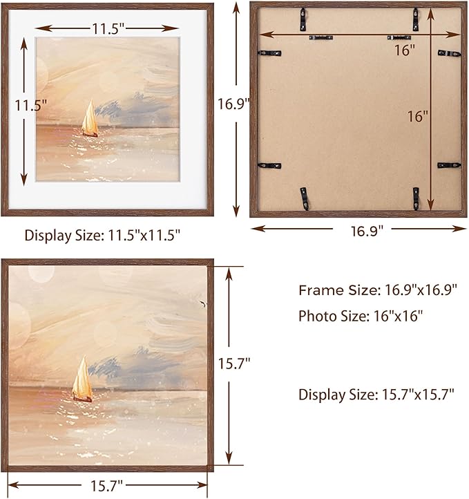 16x16 Picture Frames for Wall, Square Picture Frame 16 x 16 - Solid Oak Wood, Tempered Glass, 16x16 Frame Matted to 12x12, 16"x16" Wood Photo Frames - Walnut Color, 1 Pack