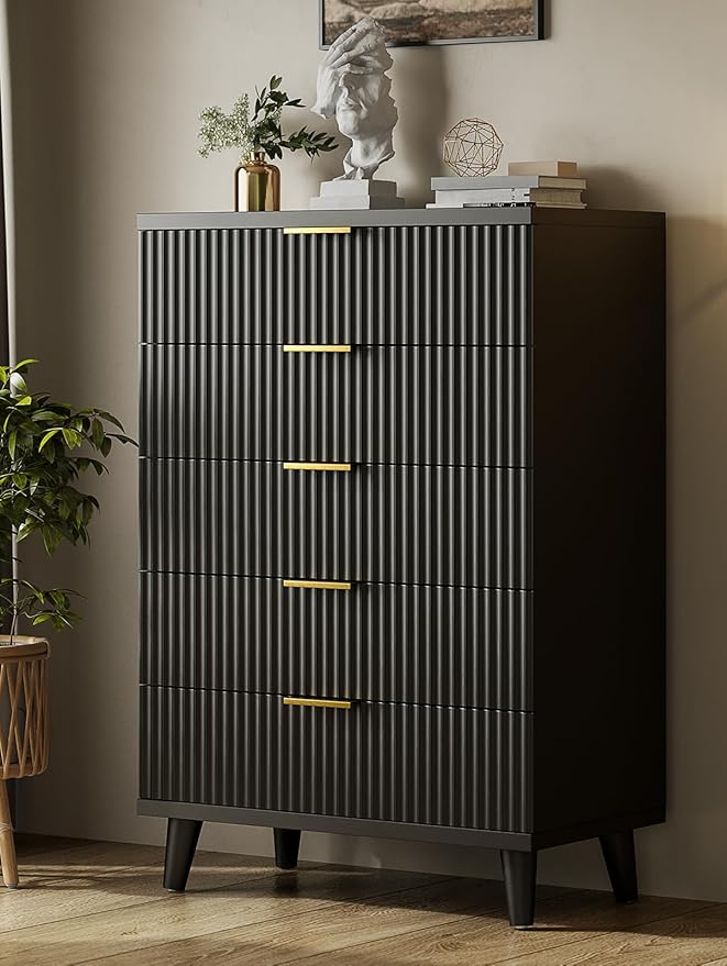 Lulive Black Dresser for Bedroom Wood Tall Dressers Drawers, Fluted Modern Dresser 5 Drawers Black