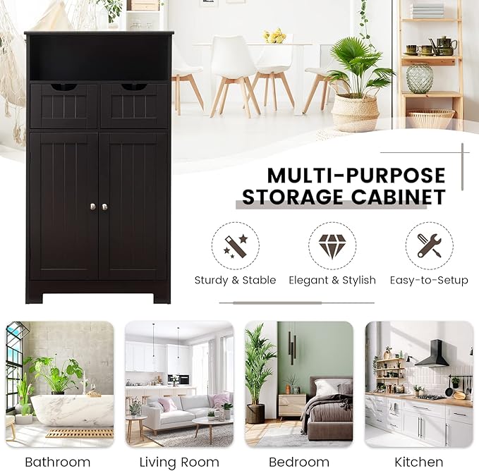 COSTWAY Bathroom Storage Cabinet, Freestanding Storage Organizer with 2 Drawers & Adjustable Shelf, Wooden Floor Cabinet for Living Room, Bedroom, Kitchen, Entryway (Brown)