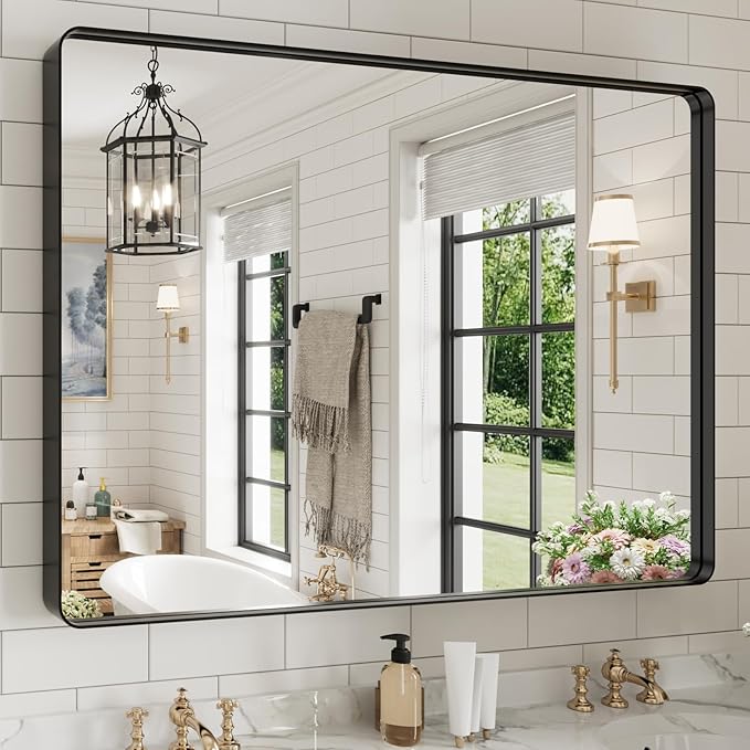 WEER Black Bathroom Mirror for Wall, 48X40 Inch Matte Black Mirror, Rectangular Black Metal Framed Vanity Mirror with Tempered Glass, Rounded Corner, Anti-Rust (Horizontal/Vertical)