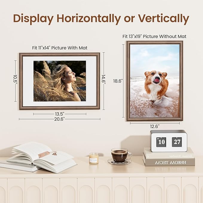 13x19 Picture Frame, USA-Sourced Walnut Wood Frame with Tempered Glass, Display 11x14 with Mat or 13x19 Without Mat, 13 by 19 Photo Frame for Vertical & Horizontal Display, Handcrafted, 1 Pack