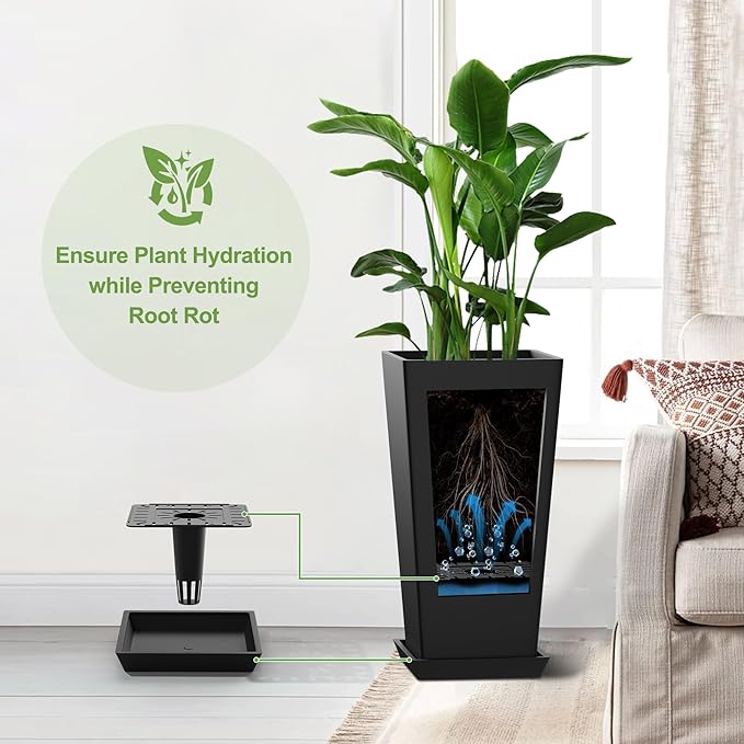 Elevens Set of 2 Tall Outdoor Planters 20 Inch, Large Planters for Indoor Outdoor Plants, Tapered Square Flower Pots with Tray for Patio,Black