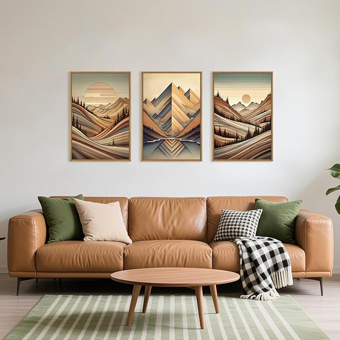 Large Vintage Woodcut Style Mountain Framed Canvas Wall Art,Mid Century Woodland Wall Decor,Boho Sunrise Forest Artwork,Modern Neutral Nature Art Print for Living Room,Bedroom,Office-24 x36 x3