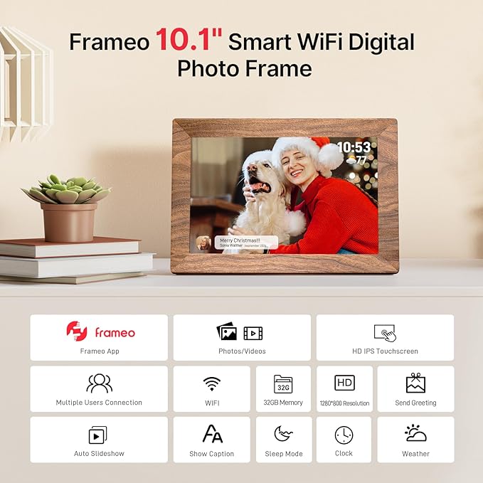 Frameo 10.1" Digital Picture Frame, Smart WiFi Digital Photo Frame with 1280x800 HD IPS Touch Screen 32GB Memory Auto-Rotate Wall Mounted, Share Photos/Videos from Phone Anywhere(Brown Wood)