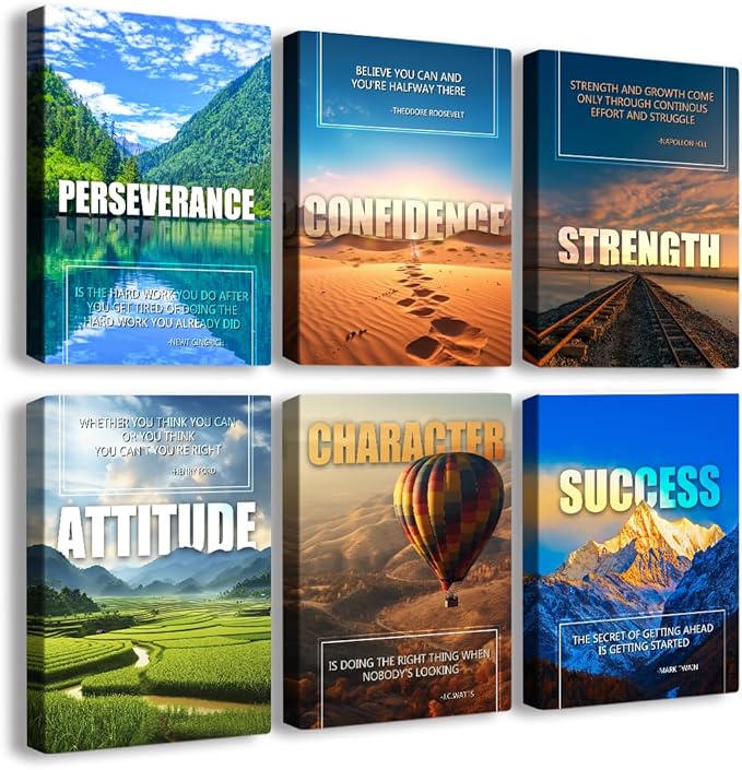 Inspirational Quotes Motivational Wall Art Decoration, Landscape Canvas Painting Suitable for Library, Office, Living Room, Home Decor, Tabletop/Hanging | 6-Pack (29 x 38 cm) Framed