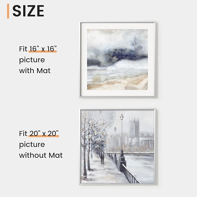 20x20 inch Metal Picture Frame - Thin Aluminum Square Photo Frames with 16x16 Removable Mat - High Definition Plexiglass - Vertical and Horizontal Display - Wall Hook Hanging Hardware Included - Silver, Set of 1