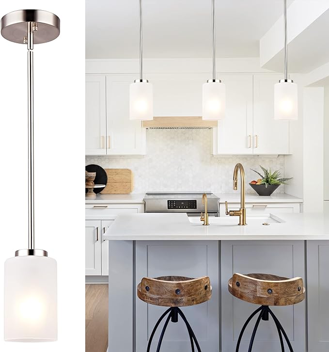 1-Light Mini Pendant Light Fixtures, Industrial Chandelier Hanging Ceiling Light with Opal White Shades, Adjustable Height, Brushed Nickel Pendant Lighting for Kitchen Bedroom Hallway, 3 Pack