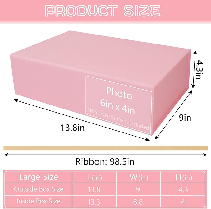 RayofSun Pink Gift Box,13.8" x 9" x 4.3" Large Groomsmen Proposal Box with Magnetic Closure Lid and Ribbon for Anniversary Wedding Birthday Graduation Festivals (1 Pack)