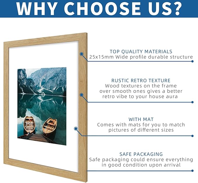 14x20 Picture Frame Set of 2, Natural Oak Wood Style - Display 14 x 20 Picture without Mat or 12x18 Picture with Mat, Wall Mounting Horizontal and Vertical