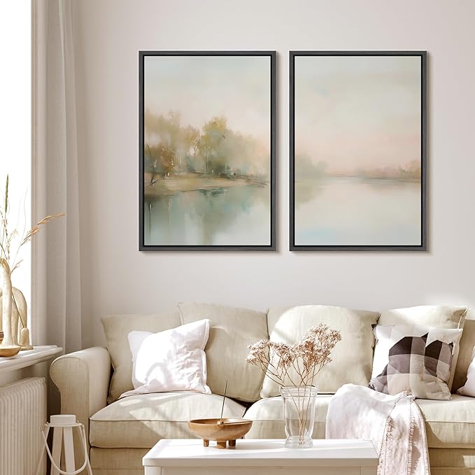 MUDECOR Framed Canvas Print Wall Art Tranquil Reflection Serene River Landscape Illustrations Modern Art Decorative Bohemian Chic for Living Room, Bedroom, Office - 16"x24"x2 Black