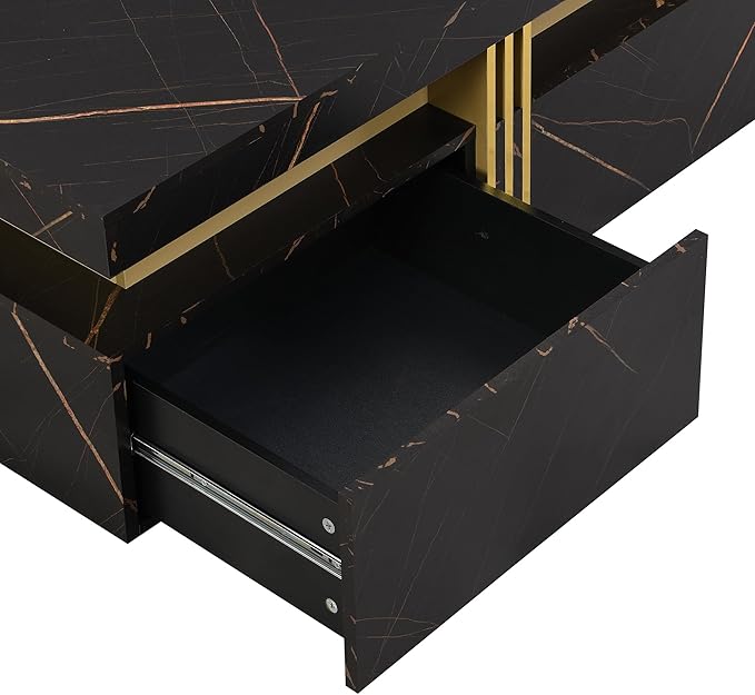 Merax Coffee Table, Modern Square Coffee Table with 4 Drawers, Contemporary Luxury Center Table Cocktail Table with Gold Accents for Living Room, 43.3" Lx 43.3" W (Black)