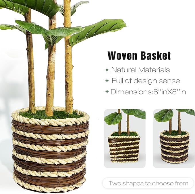 Artificial Fiddle Leaf Fig Tree Indoor with Woven Basket - 5ft Tall Fake Tree with Real-Wood Trunk,Faux Plants for Living Rooms, Offices, Kitchens & Outdoor Spaces (Round Basket)