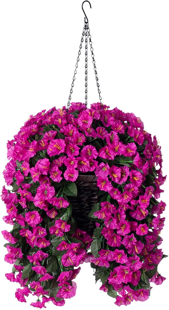 Artificial Fake Hanging Flowers Plants Basket for Outdoor Winter Summer Decoration, Faux Silk UV Resistant Look Real Fuchsia Morning Glory Long Stems in Planter for Outside Porch Patio Balcony Home