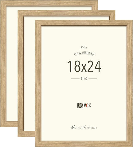 VCK 18x24 Poster Frame Set of 3 - Oak, Natural Solid Wood Picture Frames, Wall Hanging