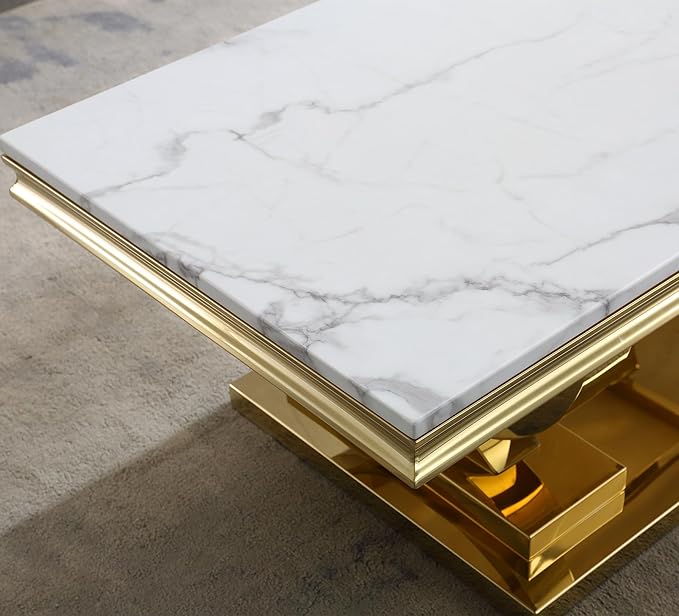 SSLine Rectangular Faux Marble Coffee Table for Living Room Modern Luxury White Marble Center Table with Gold Pedestal Base 46.8" Mid-Century Cocktail Table with Mirrored Stainless Steel Frame Legs
