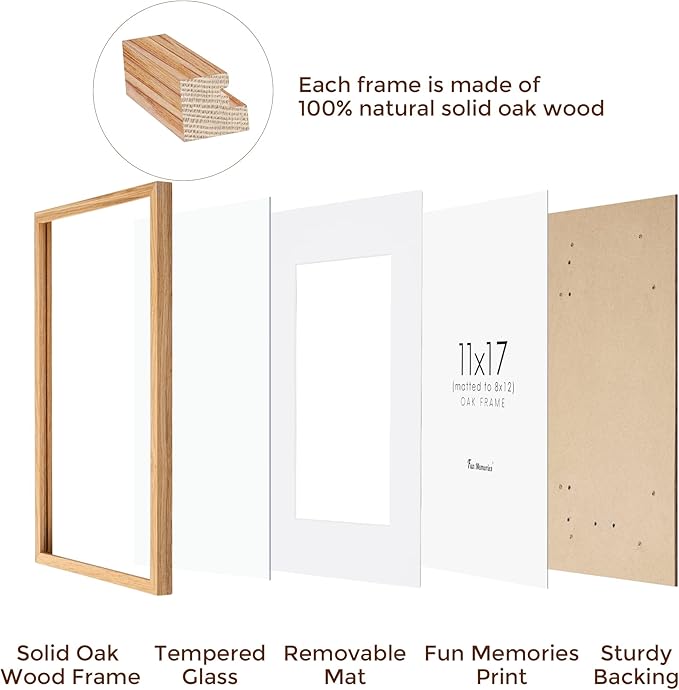 11x17 Picture Frame Set of 3, Solid Oak Wood Photo Frame 11"x17", 11 by 17 Poster Frames for Wall, 11 x 17 Frame with Mat for 8 x 12, Tempered Real Glass, 11x17 Inch Wood Frame (Oak Color, 3 Pack)