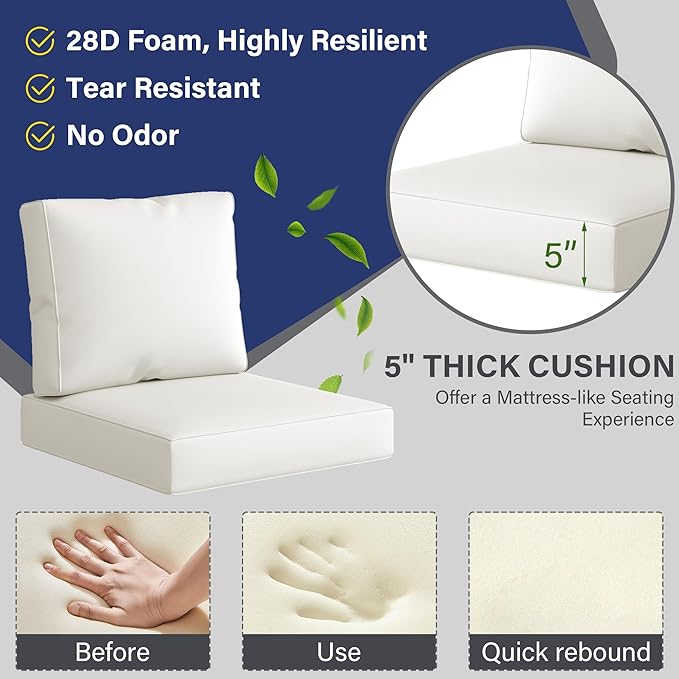 UIXE Outdoor Deep Seat Cushion Set with Slipcovers, Patio Furniture Cushions & Back Pillow, Water-Resistant Outdoor Cushion Cover Backyard Sectional Sofa Cushions for Bistro Chair - Beige