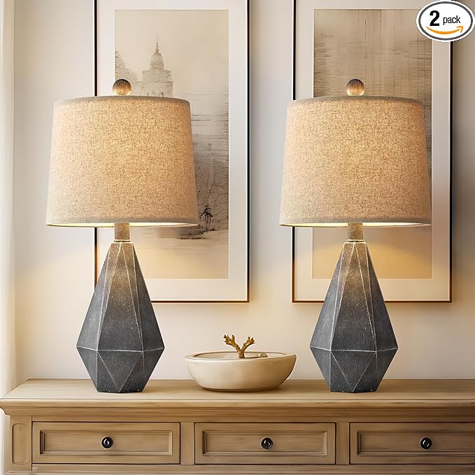 PoKat 20.25" Rustic Farmhouse Table Lamp Sets of 2 for Living Room Bedroom Deep Grey Contemporary Classic Bedside Nightstand Lamp with White Fabric Shade, Suitable for Small Place