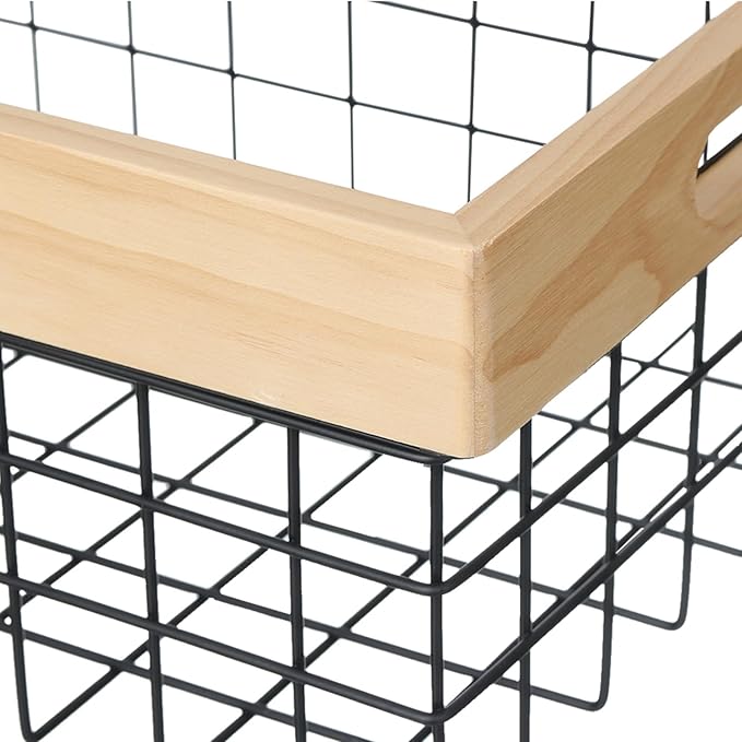 Set of 3 Metal Wire Baskets for Organizing Wood Top with Handles Storage Organizer Farmhouse Decor for Kitchen Cabinets Pantry Laundry Room Bathroom Closets Nesting Countertop Baskets