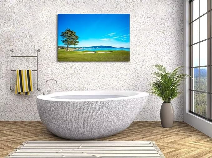 Pebble Beach Golf Course 18th Hole Green Wall Art for Living Room Bedroom Bathroom Home Decorations Golf Course Picture Poster Canvas Prints Modern Framed Artwork Ready to Hang(24''H x 36''W)