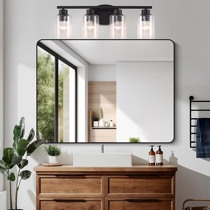Modern Matte Black Bathroom Vanity Light Fixtures, 4-Light Clear Seeded Glass, Rustproof Wall Mount