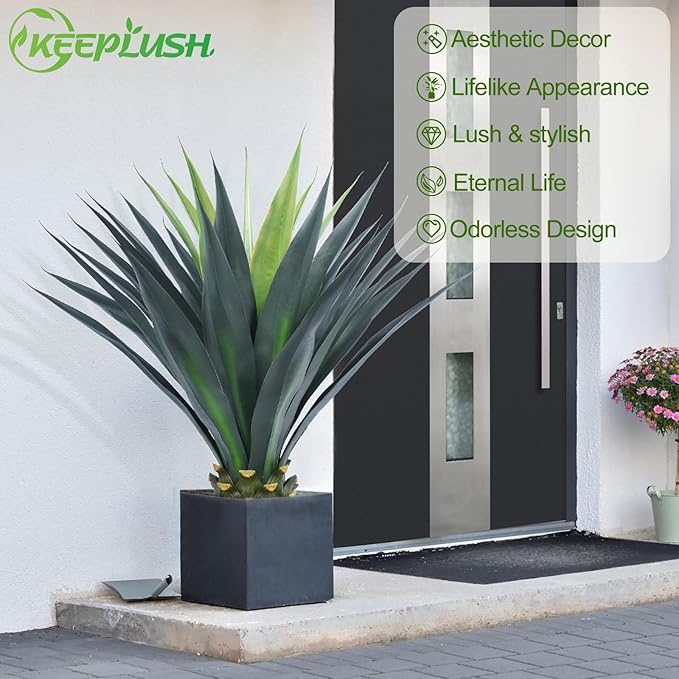 3ft Artificial Agave Plant, 38 Inch Tall Faux Agave Plants in Black Pot, Fake Floor Plant Outdoor Indoor for Front Porch Patio Home Office Door Step Hotel Desert Style Decor 1PCS