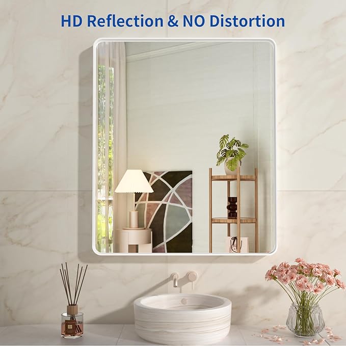 WEER White Bathroom Mirror 28X36 Inch, Rounded Rectangle White Metal Frame Mirror, Matte White Bathroom Vanity Mirror with Tempered Glass, Anti-Rust, Hangs Horizontally or Vertically