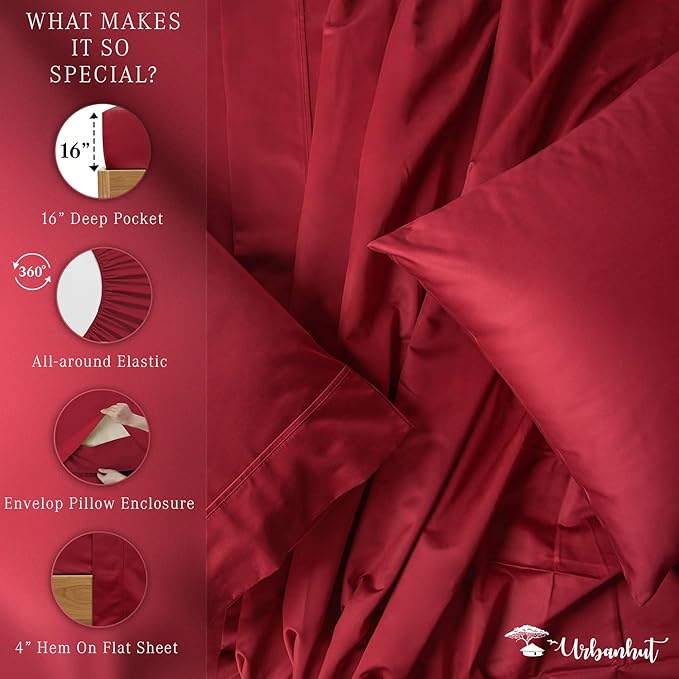 URBANHUT 700 Thread Count Egyptian Cotton California King Sheets, 4Pc Sheet Set Soft Luxury Bed Sheets for Cal King Size Bed, Sateen Weave Hotel Sheets, 16'' Elasticized Deep Pocket - Burgundy