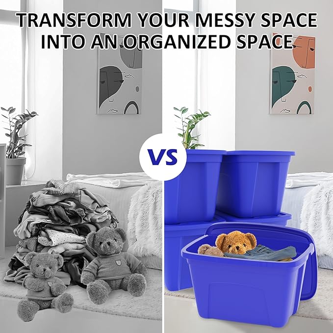 Storage Totes with Lids - Made in USA 18-Gallon (72-Quart) 4-Pack storage bins with lids plastic storage containers large storage boxes for Organizer Blue/Blue
