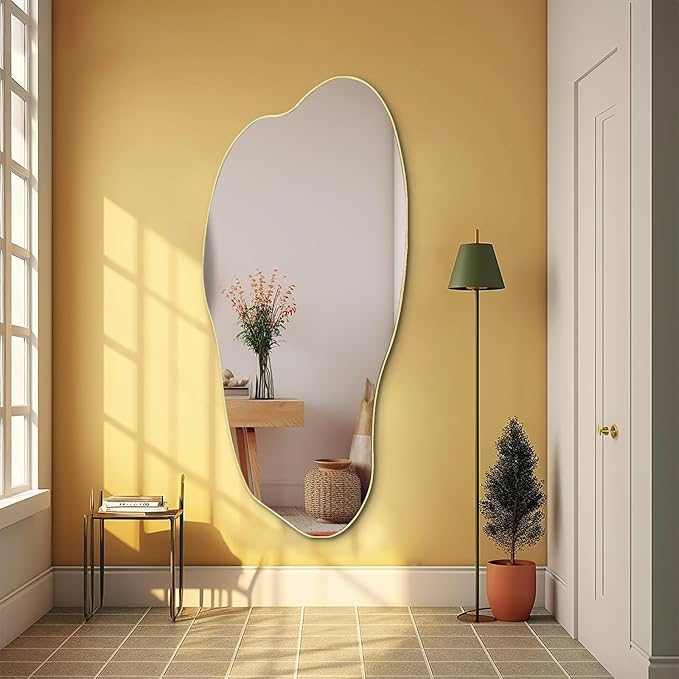Large Irregular Mirror, 51.1"x25.59" Asymmetrical Mirrors, Abstract Wall Mirror Decorative, Gold Wavy Shaped Mirrors for Living Room Bathroom Bedroom Hallway Entryway Fireplace