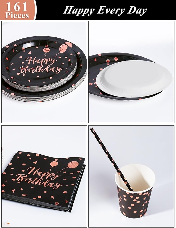 Birthday Party Tableware, 161 Pieces Black and Rosegold Party Supplies, Party Dinnerware Sets Include Paper Plates Napkins Cups Silverware, for Shower Engagement Parties Decoration -20 Serves