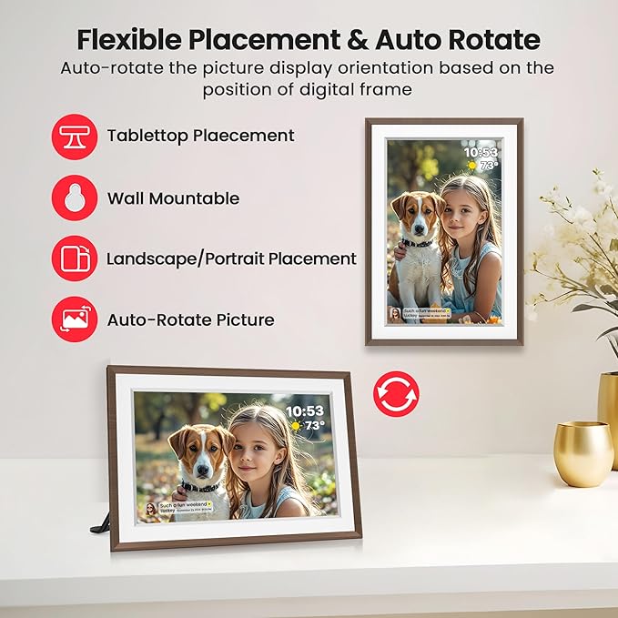 Frameo 10.1" Digital Picture Frame, Smart WiFi Digital Photo Frame with 1280x800 HD IPS Touch Screen 32GB Memory Auto-Rotate Wall Mounted, Share Photos/Videos Remotely(Brown Wood&White)