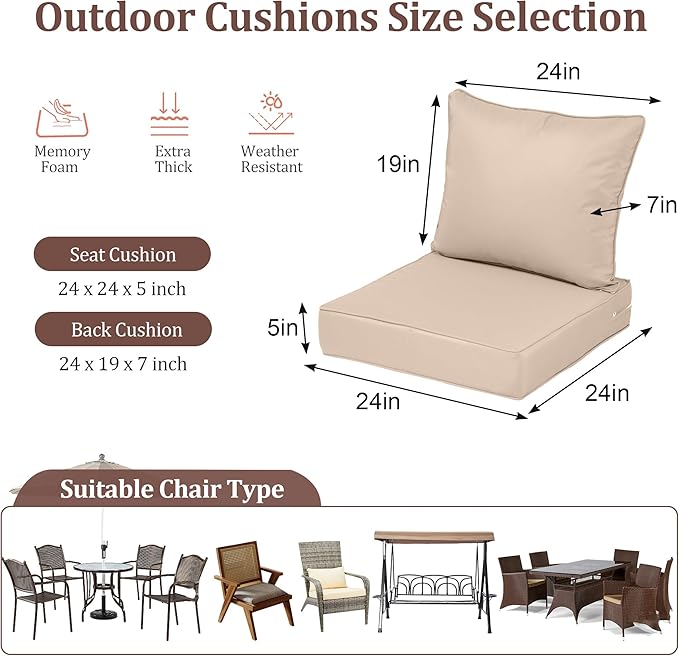 Waterproof Outdoor Chair Cushion Set of 2, 24x24x5 IN Deep Seat Patio Cushions with Fade Resistant Removable Cover,Outdoor Cushions for Patio Furniture with Ties&Handle for Chair Sofa Couch,Khaki