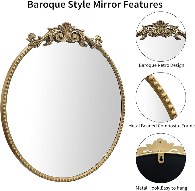 Round Mirror, 28''Baroque Style Circle Mirror Vintage Gold Metal Frame Wall Mirrors for Vanity, Bathroom or Bedroom