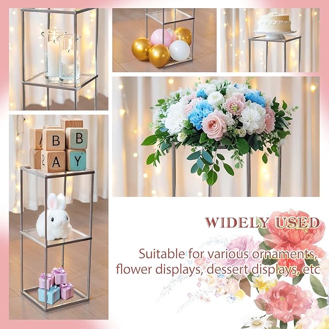 2-Tier Metal Flower Stand Set with Acrylic Shelves, Geometric Display Rack for Wedding Centerpieces, Party Decor, Tall Floor Vase Stand (Silver, 2 Pcs-25)