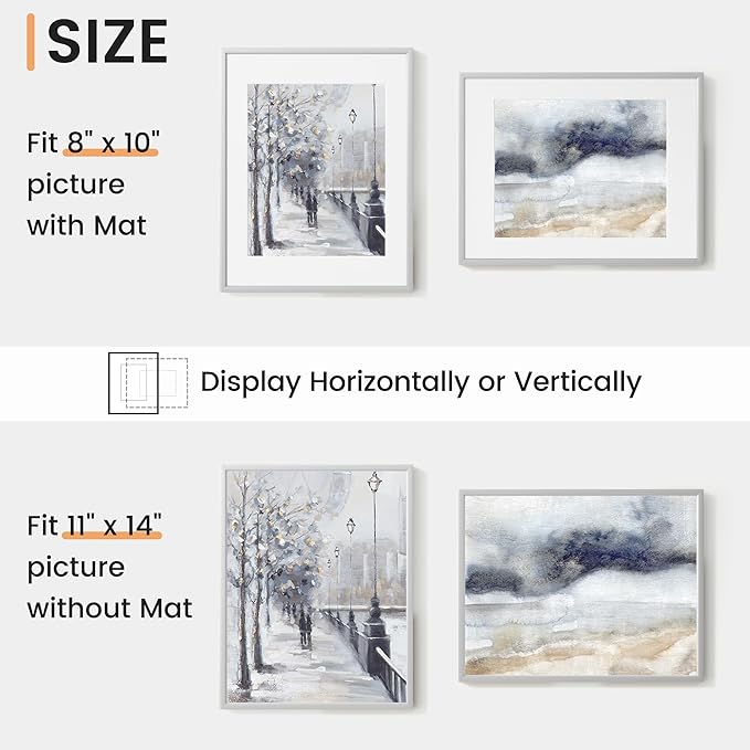 11x14 inch Metal Picture Frame - 11 x 14 Thin Aluminum Photo Frames with 8x10 Removable Mat - High Definition Plexiglass - Vertical and Horizontal Display - Wall Hook Hanging Hardware Included - Silver, Set of 1