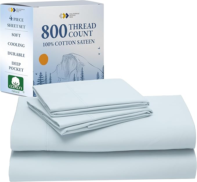 California Design Den King Sheet Set - Luxury Hotel 800 Thread Count Sateen, Natural 100% Cotton King Size Sheets Deep Pocket Set, Anti-Skid Elastic for a Snug Fit, Cool and Durable - Light Blue